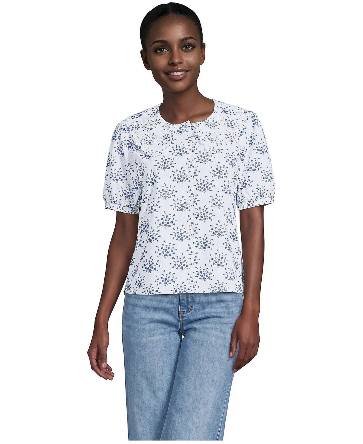 Poplin Puff Sleeve Ruffle Collar Shirt by Lands' End