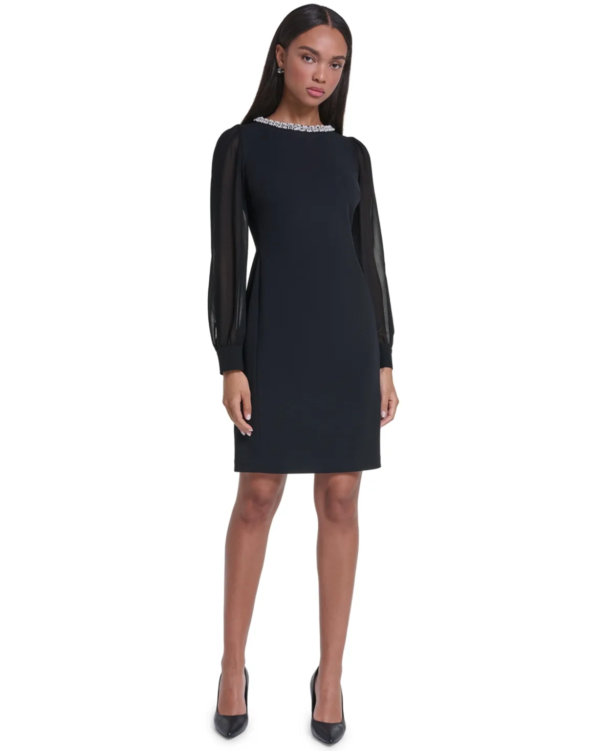 Scuba Crepe Long-Sleeve Embellished Crewneck Sheath Dress