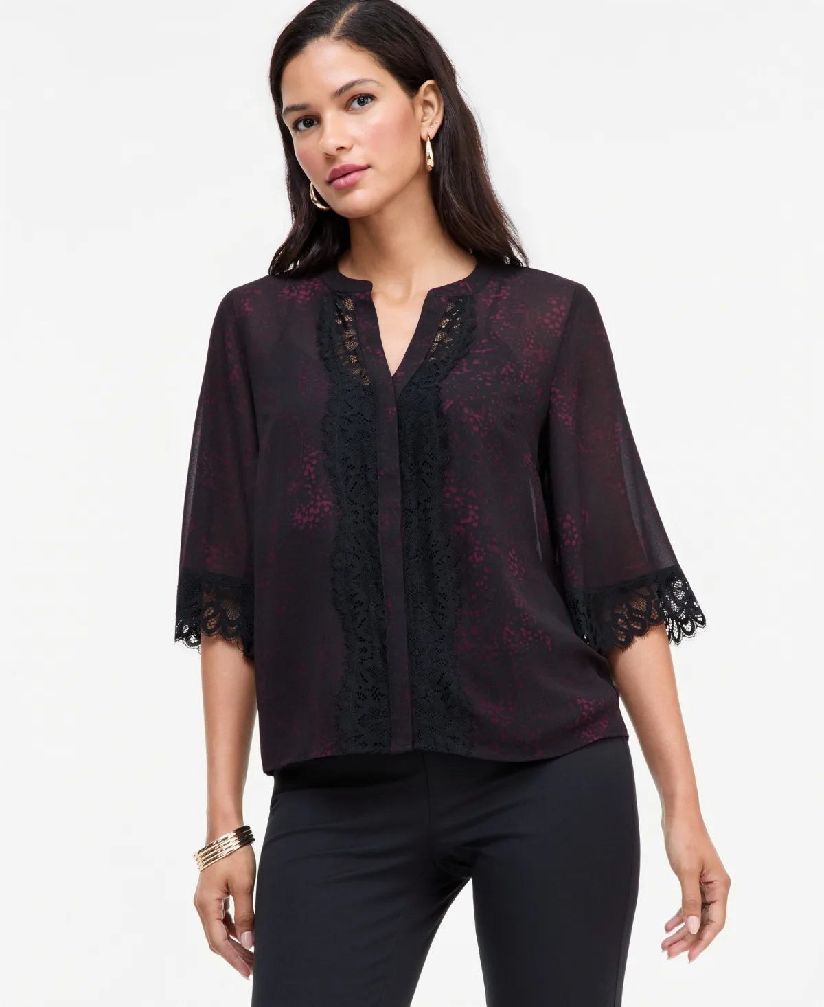 Print Lace-Trim Button-Front Blouse by INC International Concepts