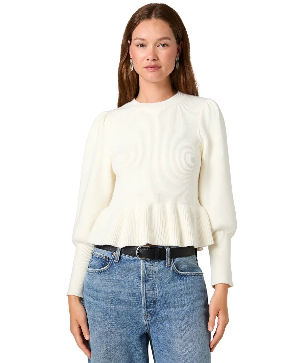 Sloane Long-Balloon-Sleeve Peplum Sweater by French Connection