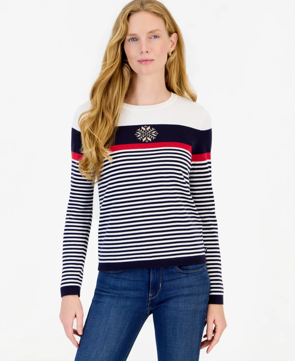 Long-Sleeve Crewneck Striped Snowflake Holiday Sweater by Nautica