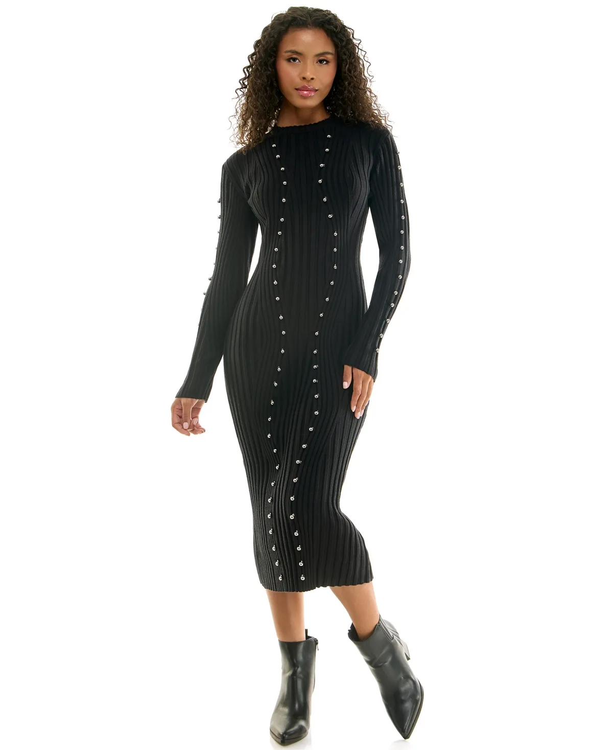 Long Sleeve Metal Bead Ring Trim Mock Neck Midi Sweater Dress