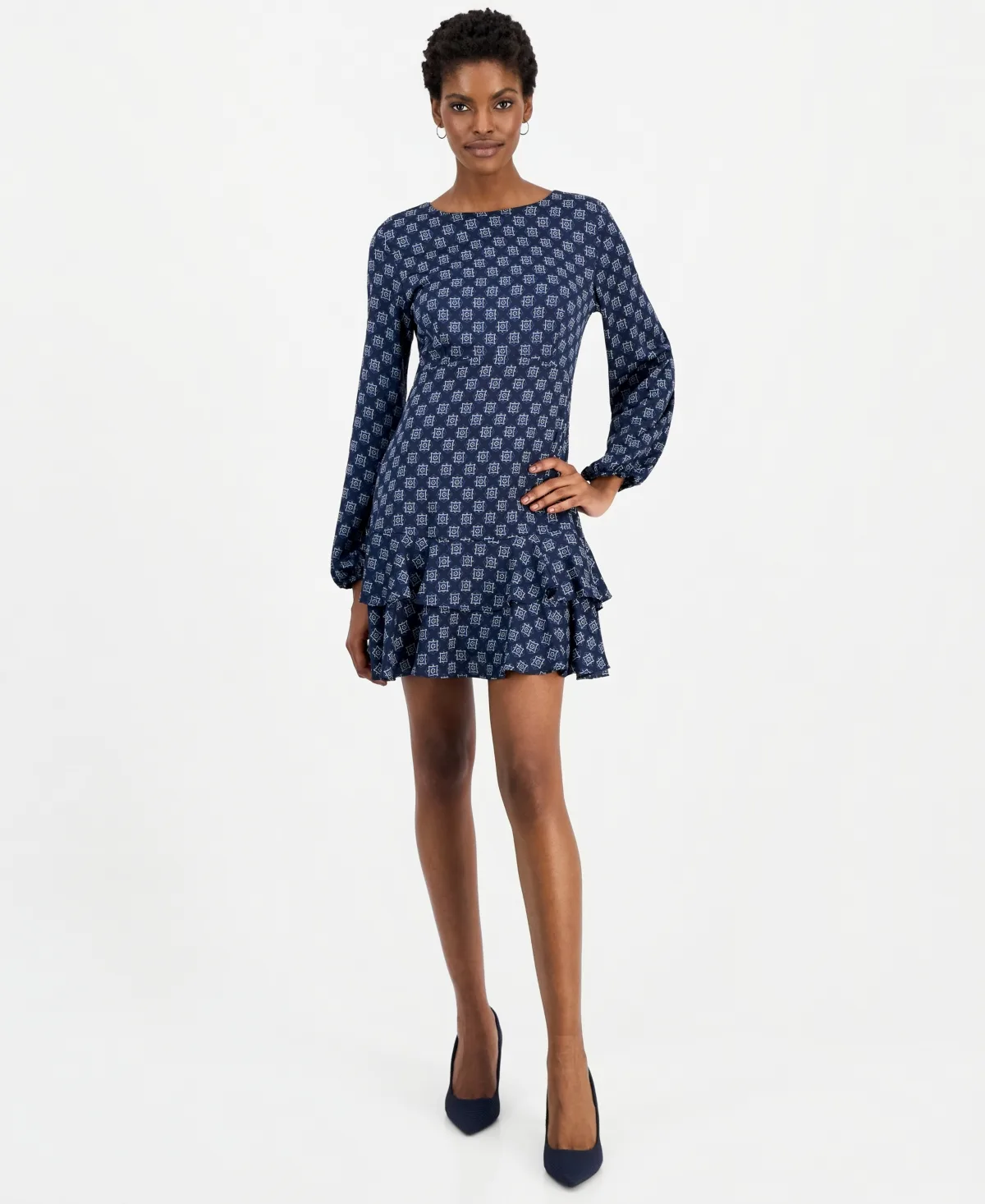 Emmcambra Balloon-Sleeve Geometric-Print Mini Dress by Emme Marella