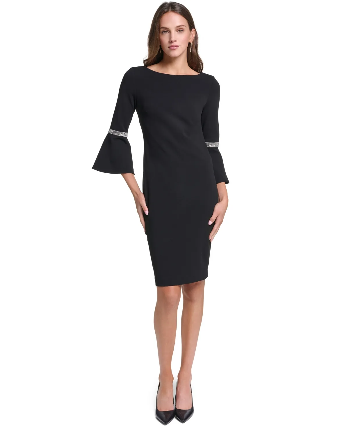 Boat-Neck Bell Sleeve with Rhinestone Trim Sheath Dress by Calvin Klein