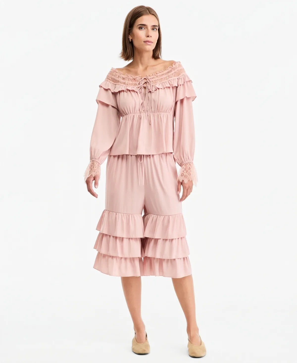 High-Rise Wide-Leg Ruffle-Bottom Culottes by And Now This