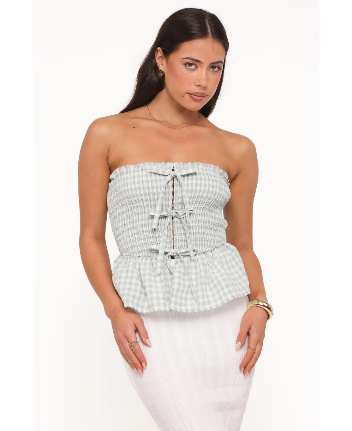 Carina Gingham Strapless Bow Top by Petal & Pup
