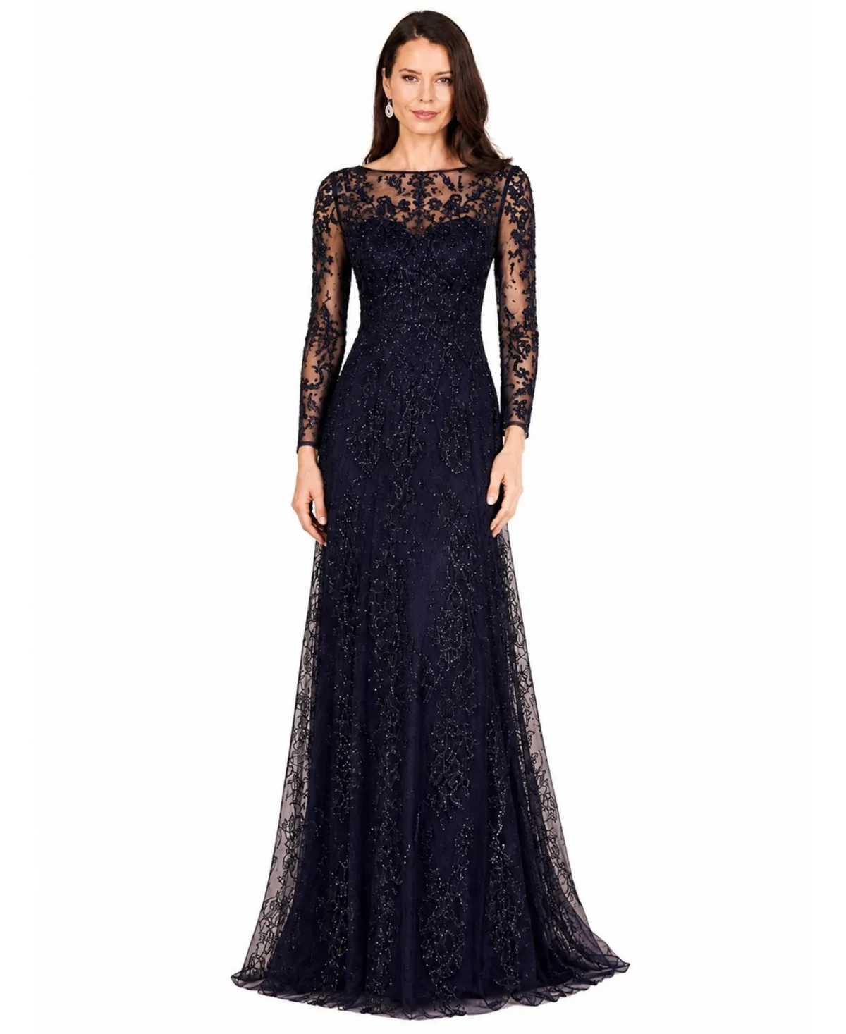 Long Sleeve V-Neck Lace Gown by Lara