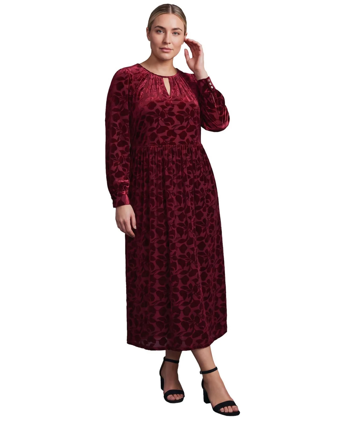 Velvet Burnout Keyhole Blouson-Sleeve Dress