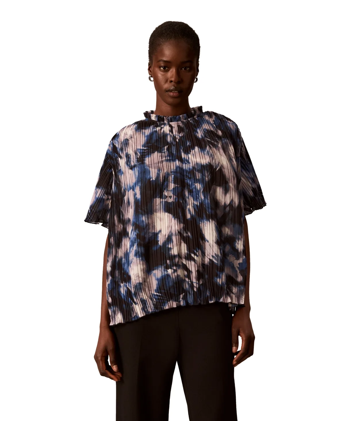 Short-Sleeve Ruffle-Neck Pleated Blouse by Calvin Klein
