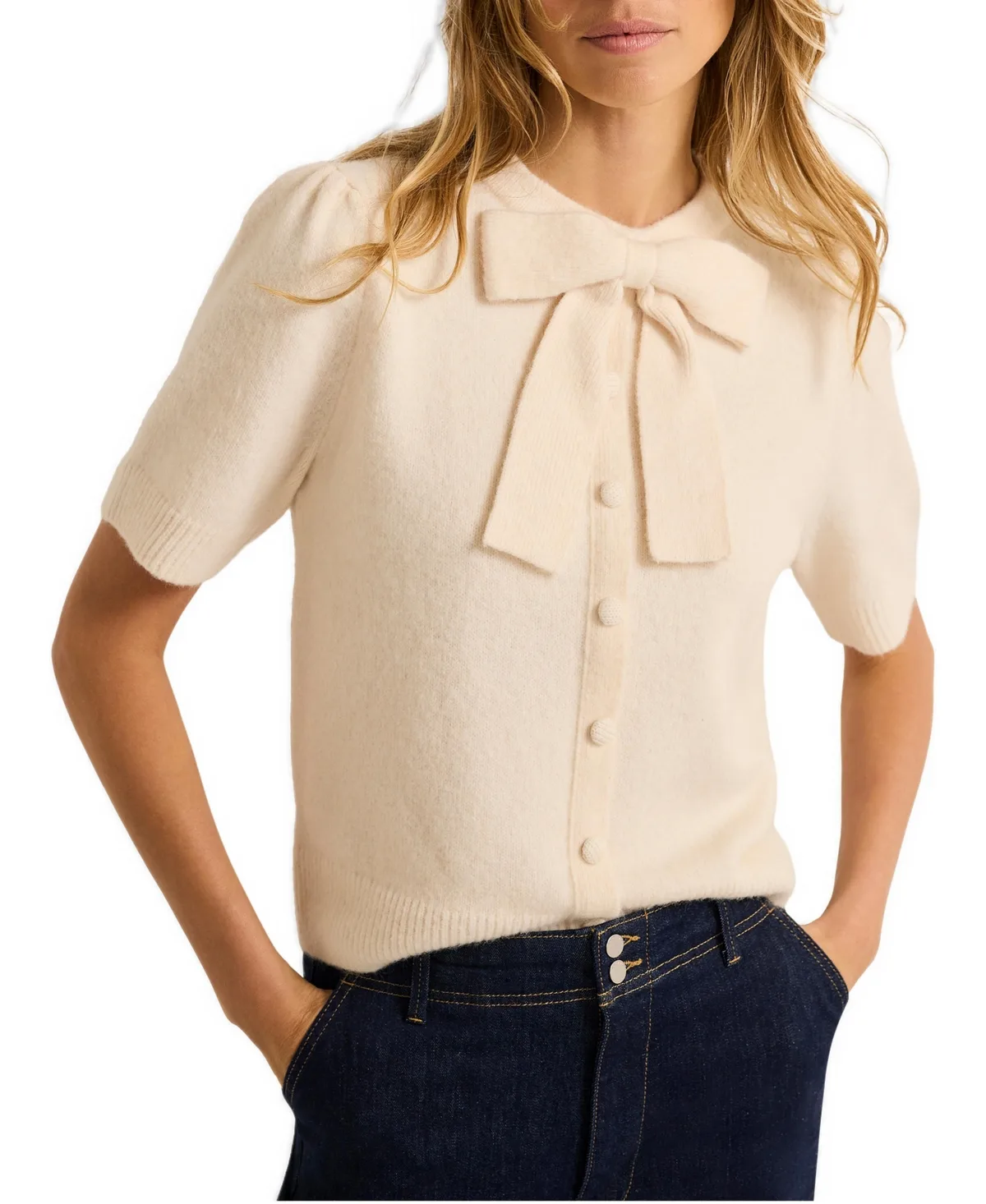 Bow Detail Crewneck Short-Sleeve Knit Top by Mint Velvet