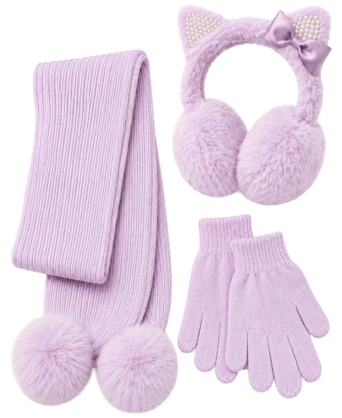 Sugar Kitty Faux-Fur Pom-Pom Earmuffs, Scarf and Gloves, 3-Piece Set by Rainbow