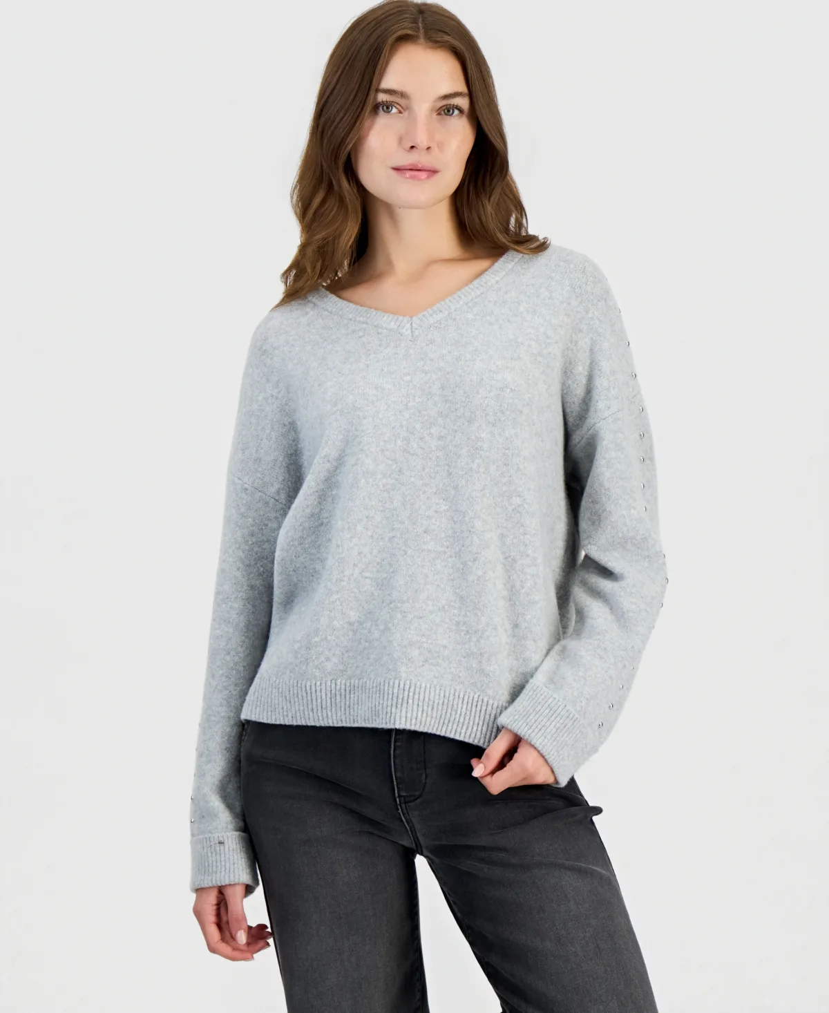 Studded V-Neck Slouchy Sweater by Hooked Up by Iot