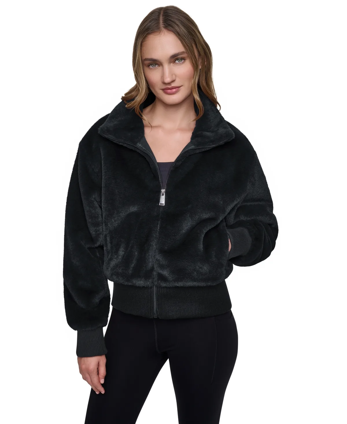 Mock Neck Short Faux Fur Jacket by DKNY