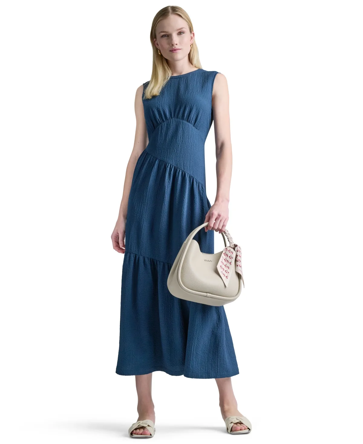 Sleeveless Jewel Neck Asymmetrical Tiered Maxi Dress by DKNY
