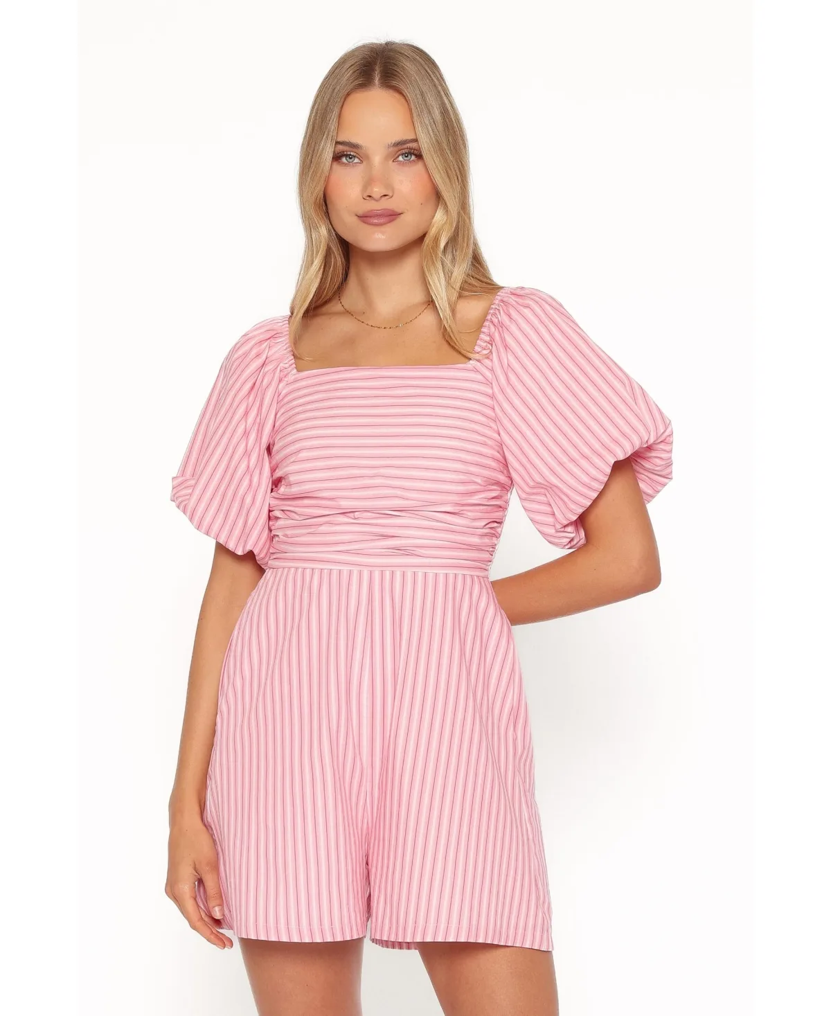 Clo Puff Sleeve Square Neckline High-Waisted Romper, 2" Inseam by Petal and Pup