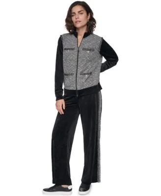 Full Zip Mock Neck Tweed Sweater Velour Tweed Side Tape Mid Rise Joggers by Karl Lagerfeld
