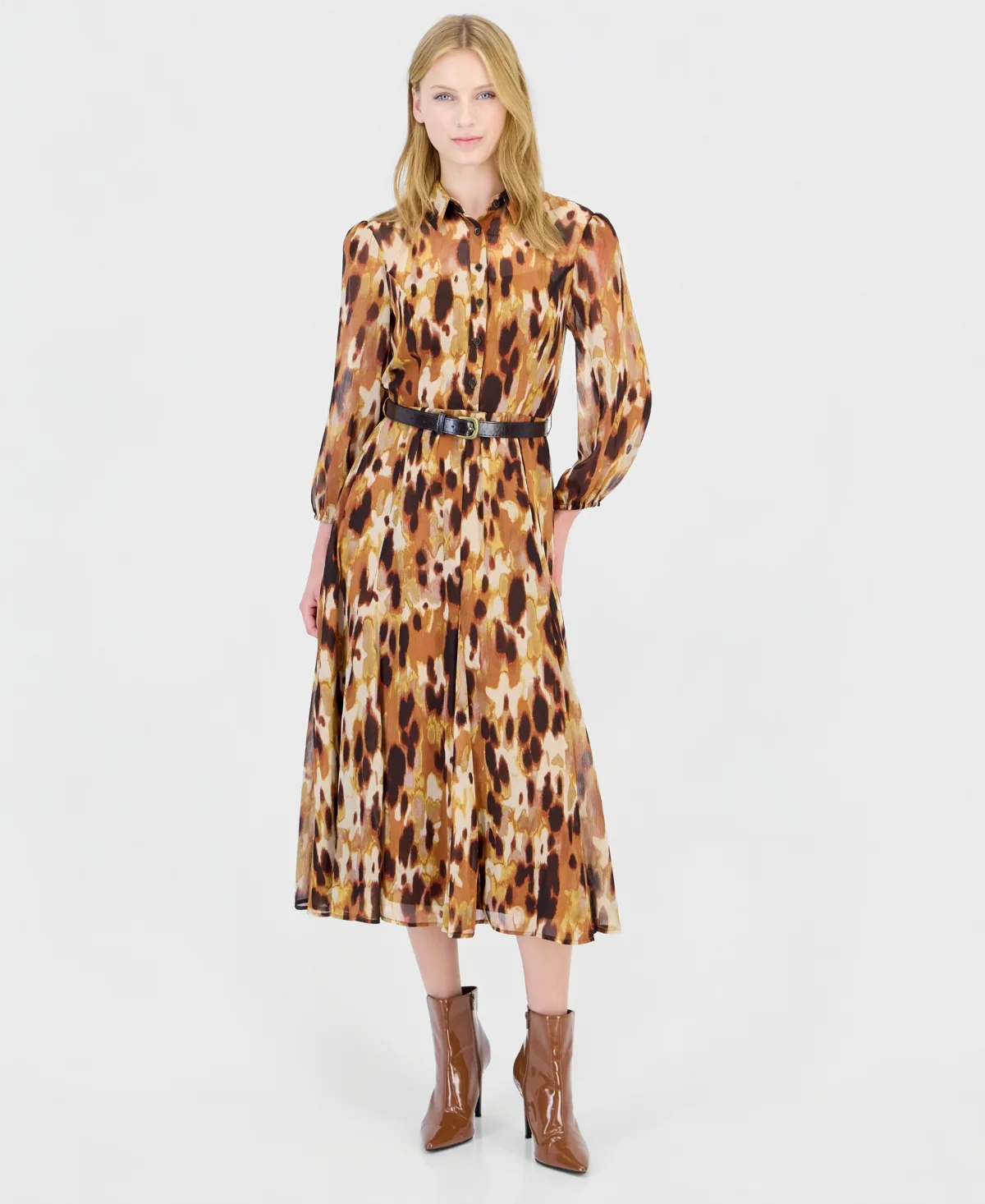 Long-Sleeve Belted Midi Shirt Dress by Tahari