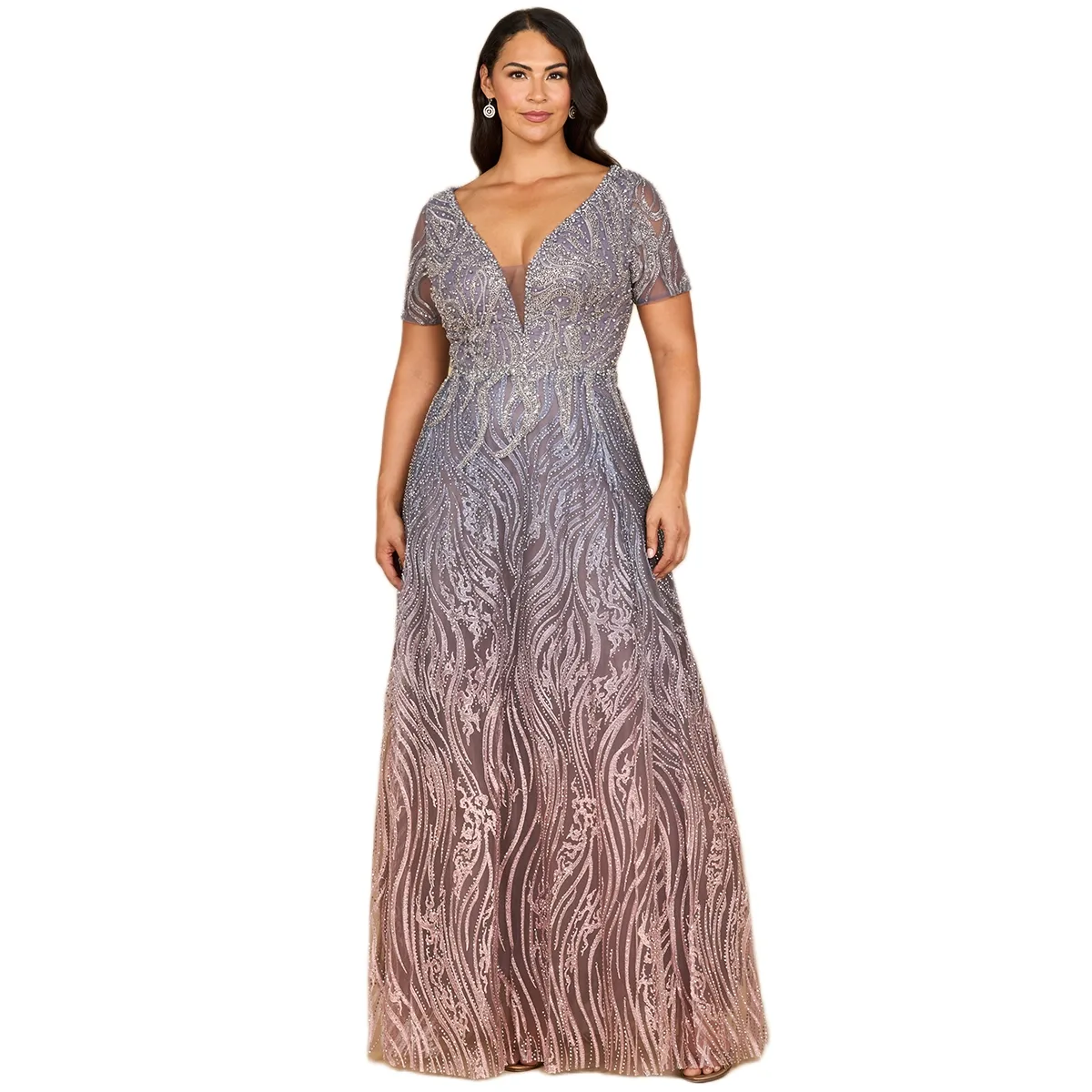 Short Sleeve V-Neck Beaded Ballgown by Lara