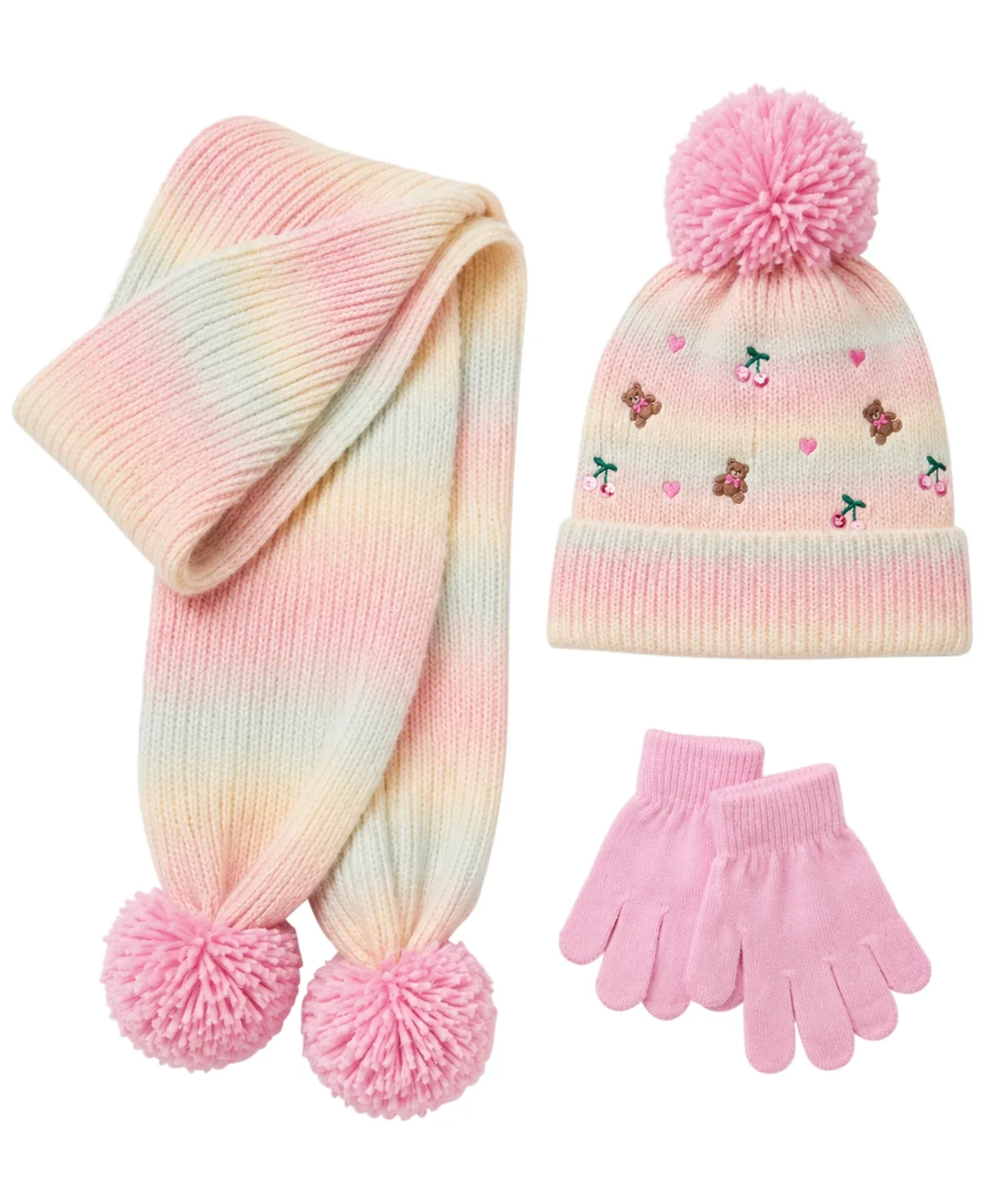 Sugar Icon Ombre Pom-Pom Hat, Scarf and Gloves, 3-Piece Set by Rainbow