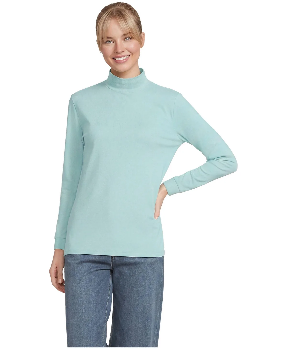 Relaxed Cotton Long Sleeve Mock Turtleneck