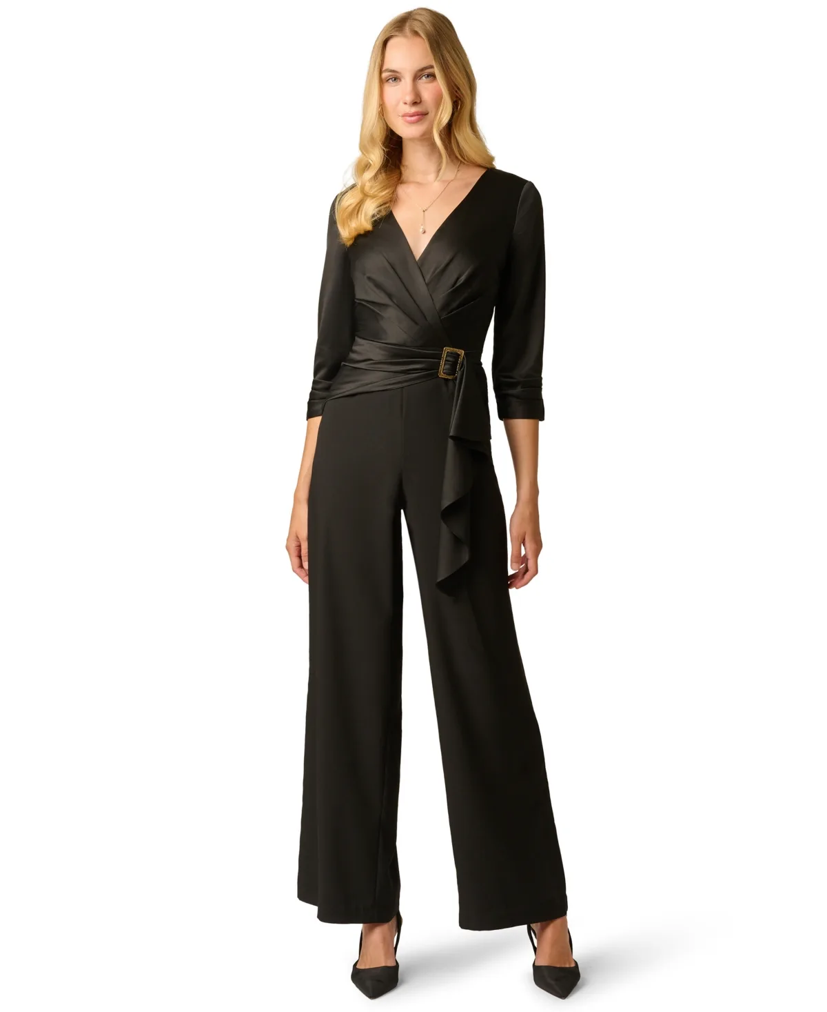 Wide-Leg V-Neck 3/4 Sleeve Satin Crepe Jumpsuit