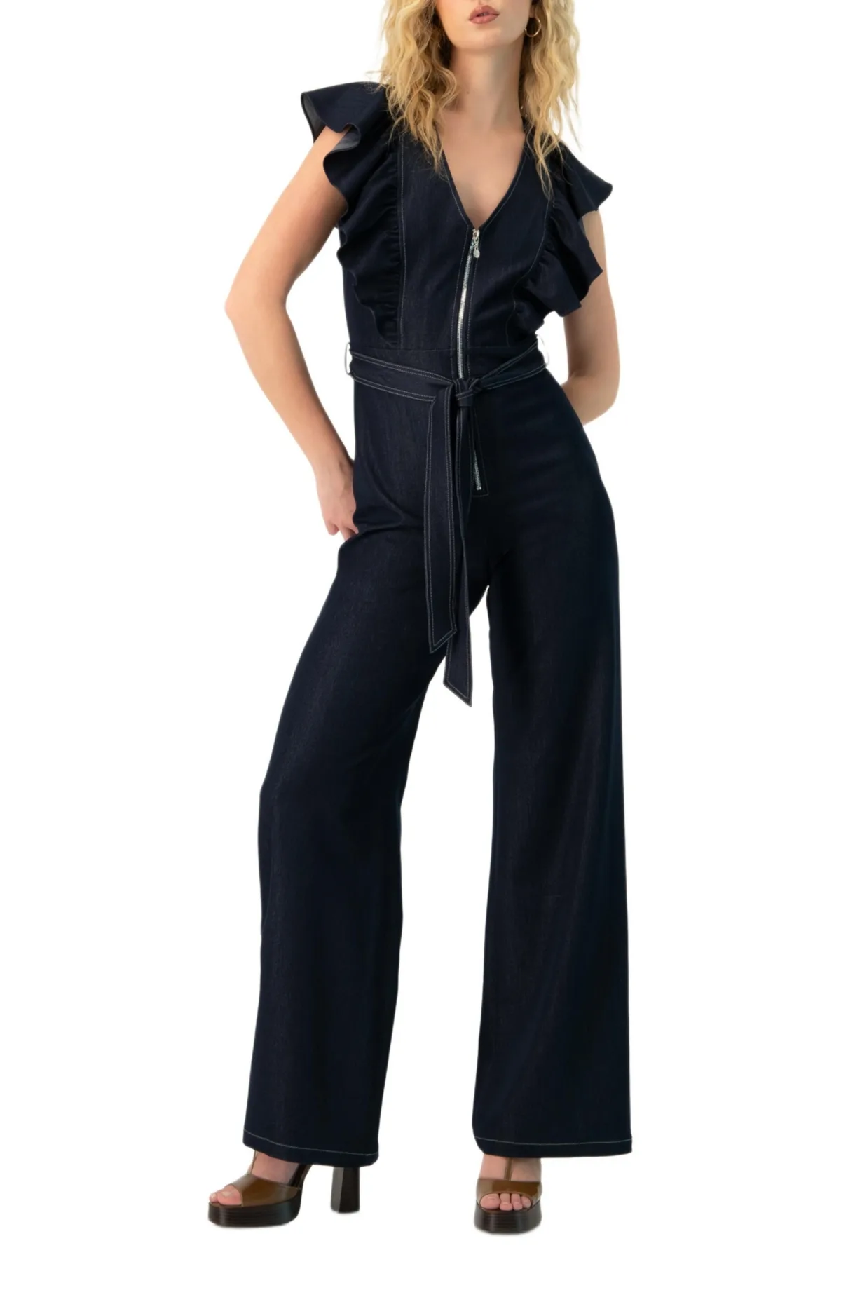 Ivonne V-Neck Denim Like Wide-Leg Jumpsuit by Ivonne