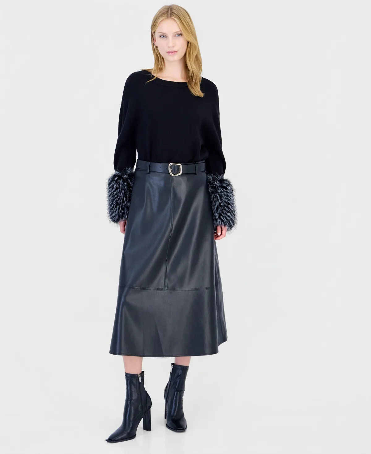 T Tahari Faux Leather Midi A-Line Skirt by Tahari
