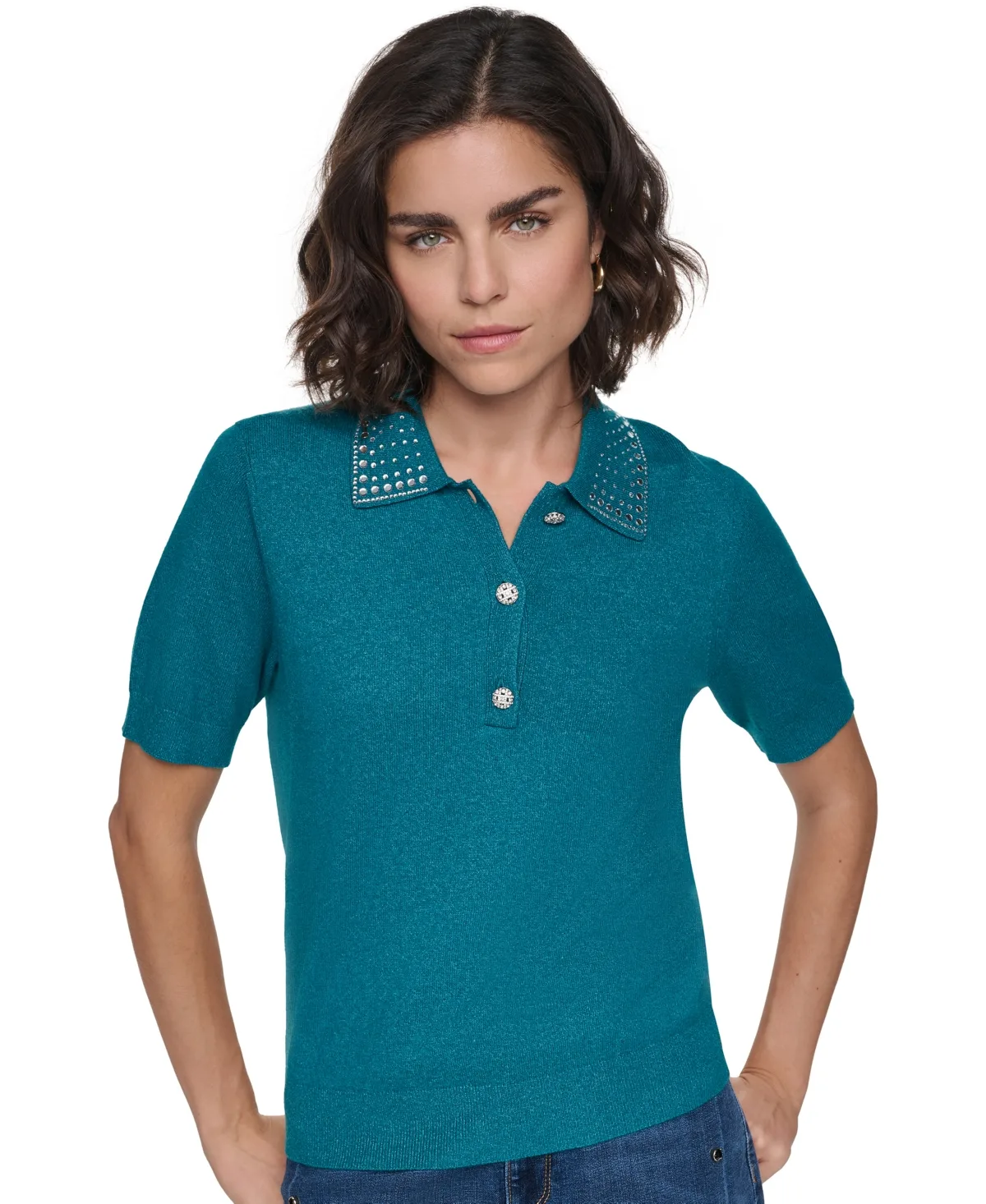 Karl Lagerfeld Paris Key Item Short-Sleeve Embellished-Collar Polo Shirt by Karl Lagerfeld