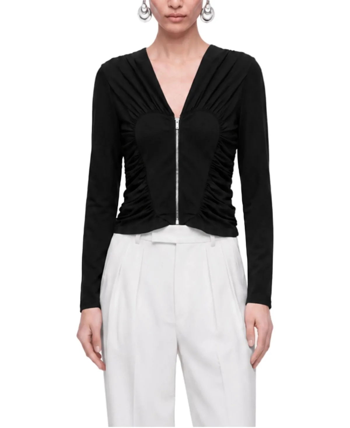 Ruffle-Trim Zip-Front Long-Sleeve Blouse by Nocturne