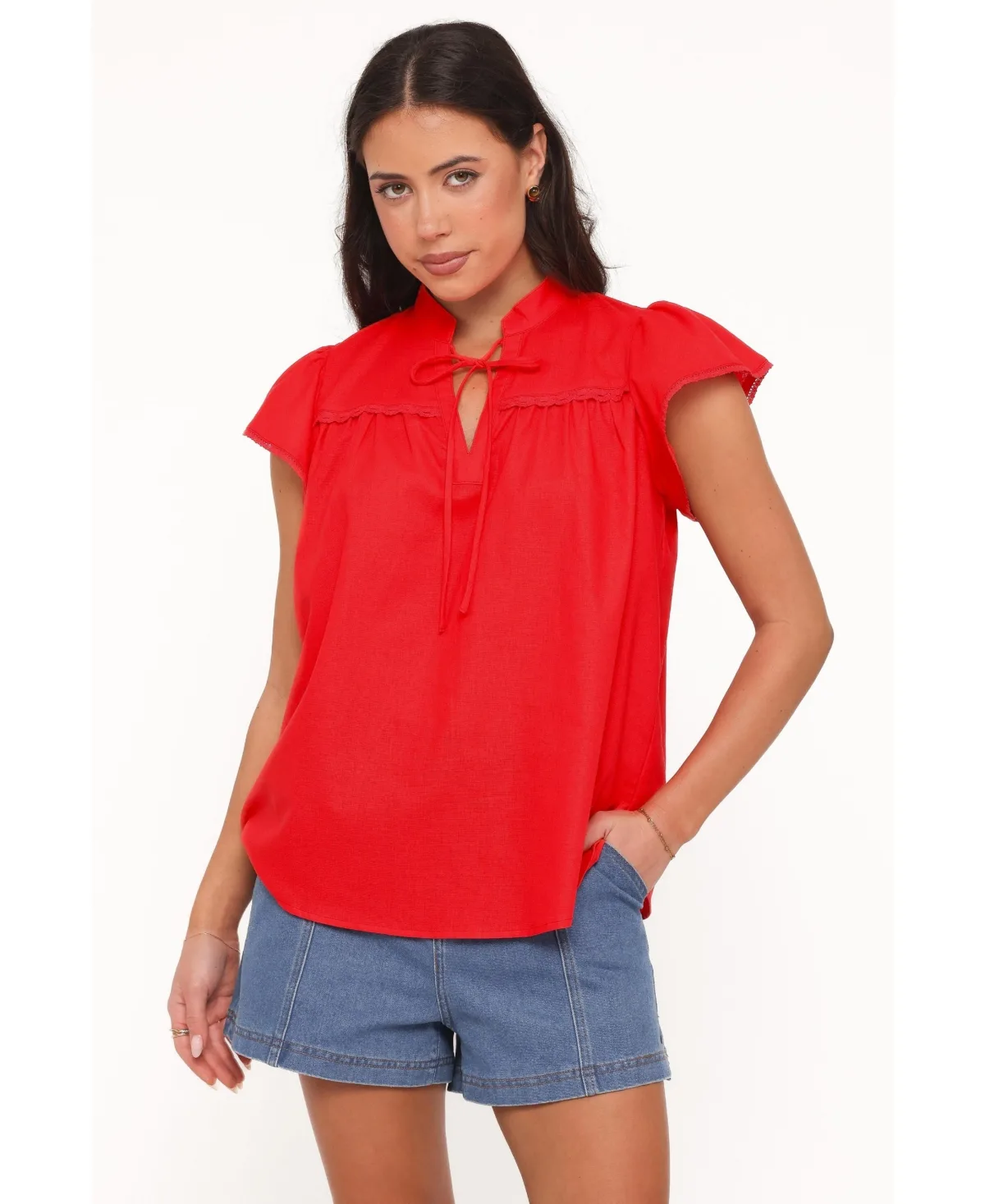 Kylie Cotton-Linen Blend V-Neck Flutter-Sleeve Top by Petal & Pup