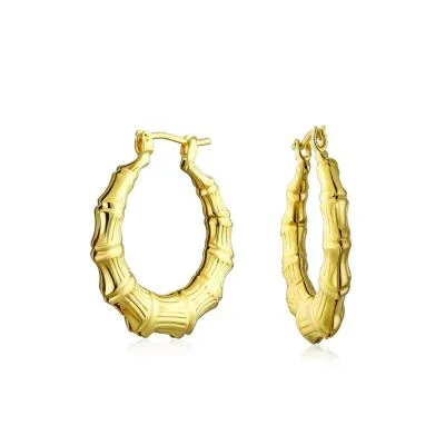 Light Weight Hollow Medium Bamboo Hoop Earrings Gold Plated Brass Diameter 1.25 Inch by Bling Jewelry