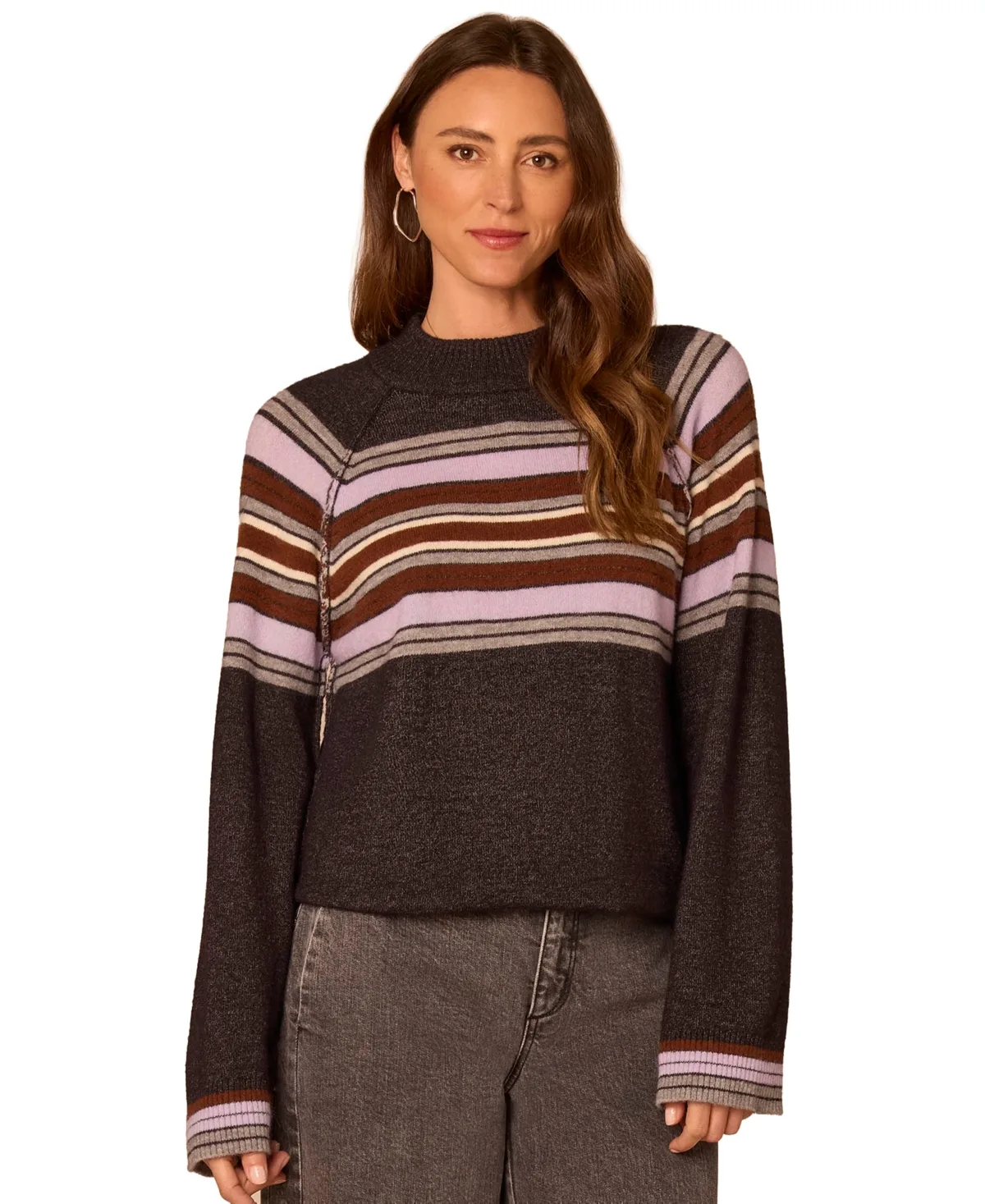 Placement-Stripe Mock-Neck Bubble-Hem Sweater by Democracy
