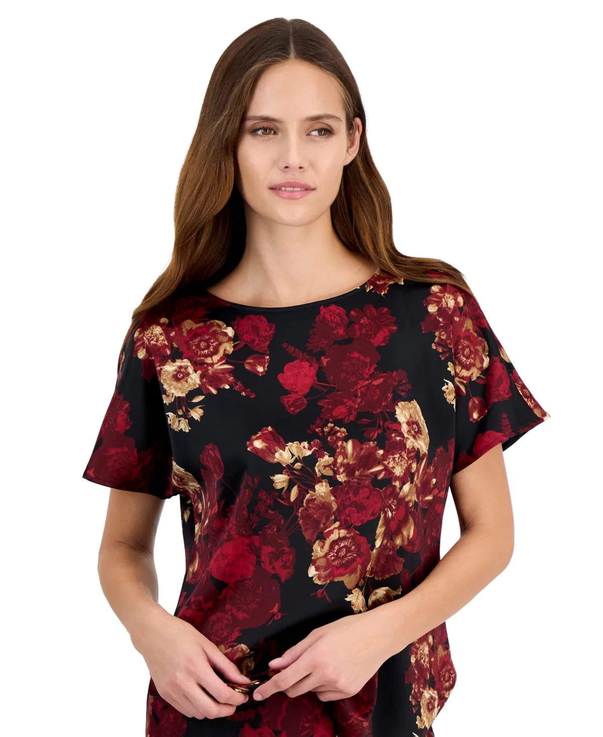 Bateau Neck Floral-Print Blouse by Anne Klein