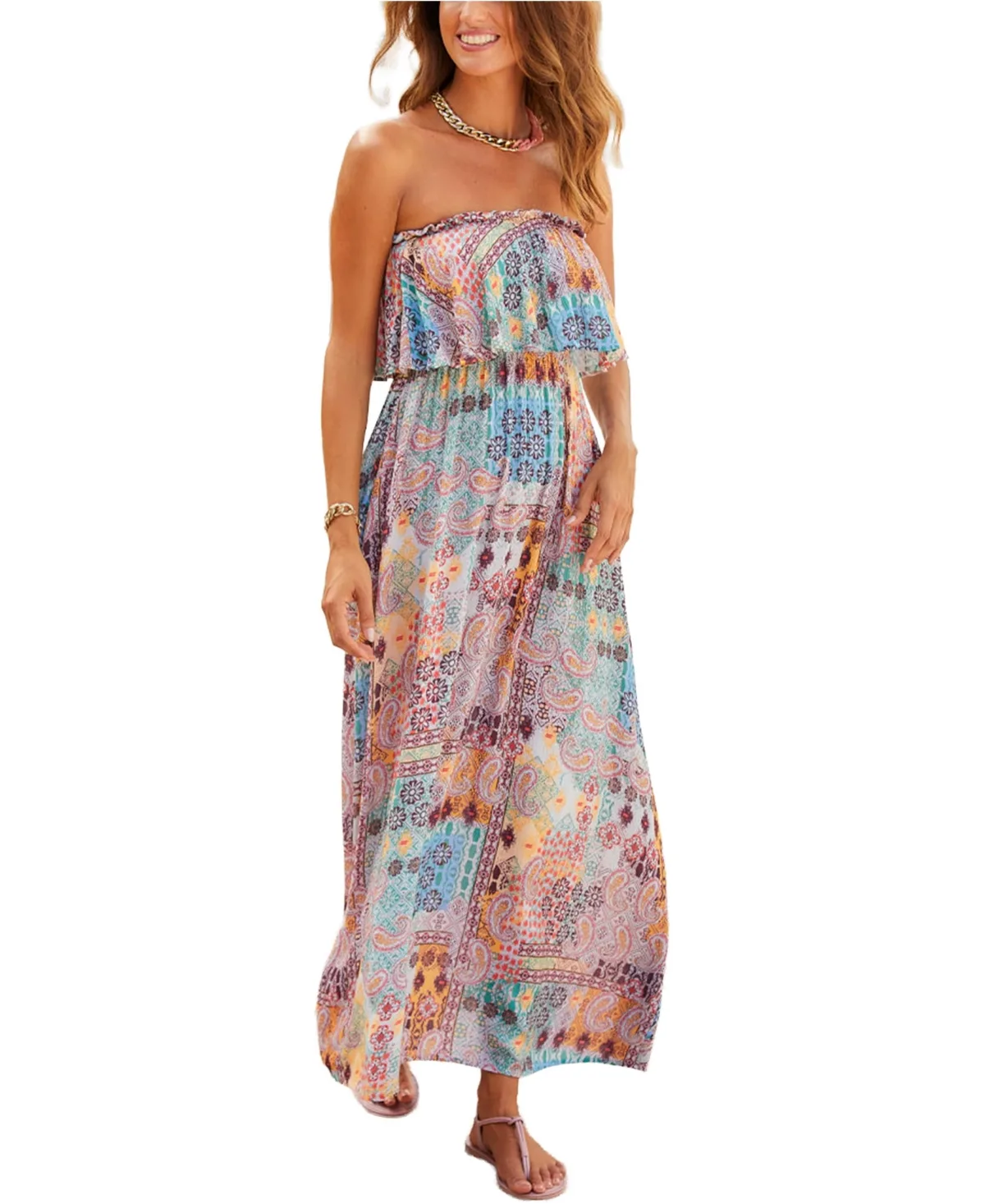 Patchwork-Print Bandeau Ruffle-Trim Maxi Dress