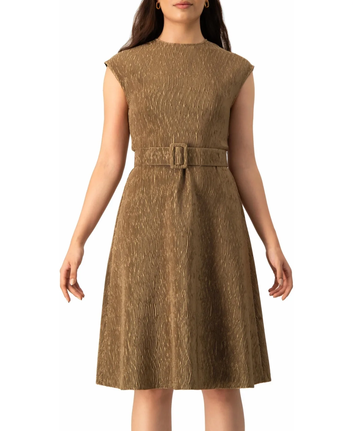Textured Belted A-Line Dress, Cap Sleeve Fit-and-Flare with Buckle Belt