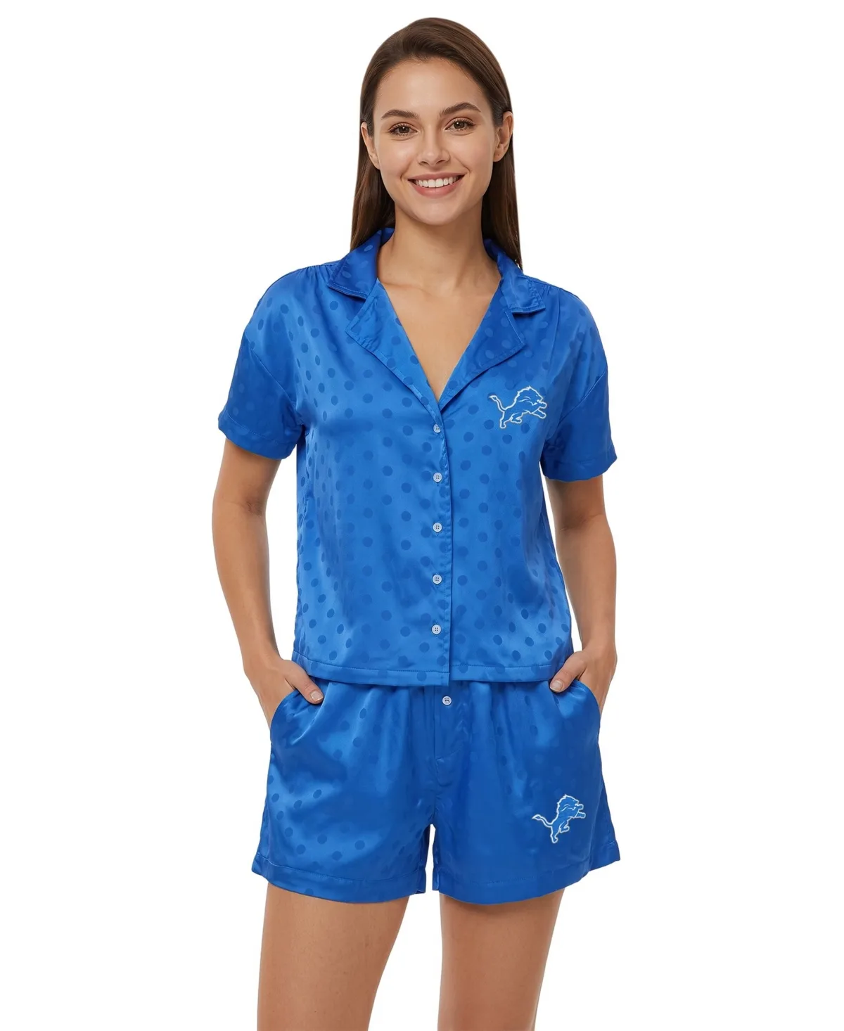 Detroit Lions Wink Dot Satin Jacquard Short-Sleeve Shirt and Shorts, 2-Piece Set by Concepts Sport