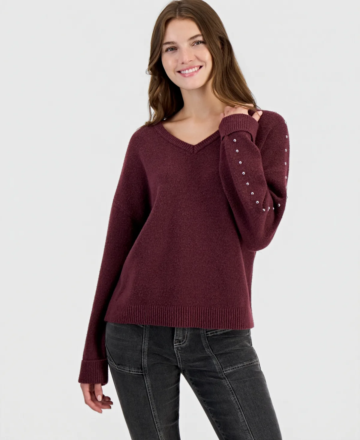 Studded V-Neck Slouchy Sweater