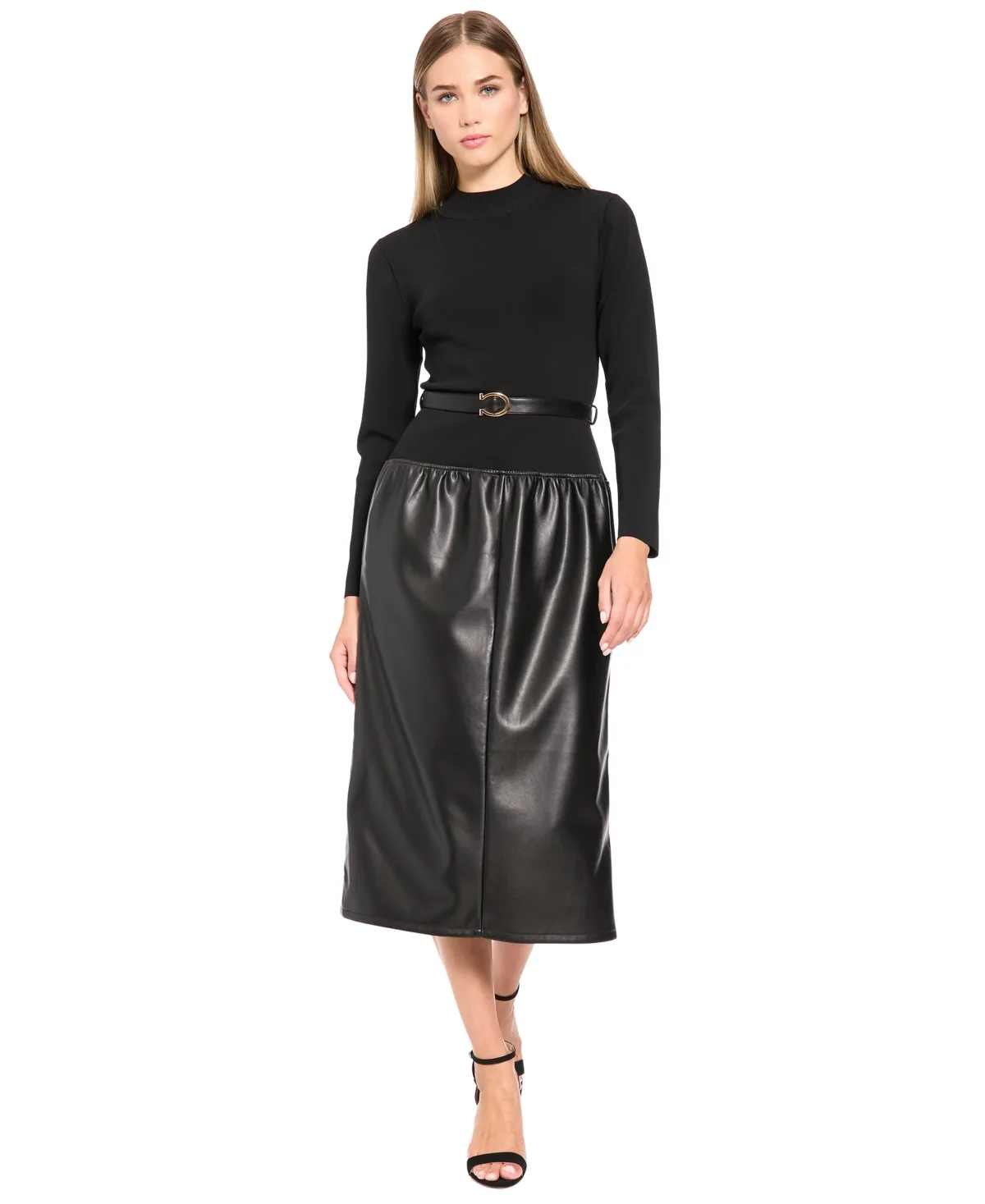 Long-Sleeve Mock-Neck Mixed-Media Midi Dress by Luxely