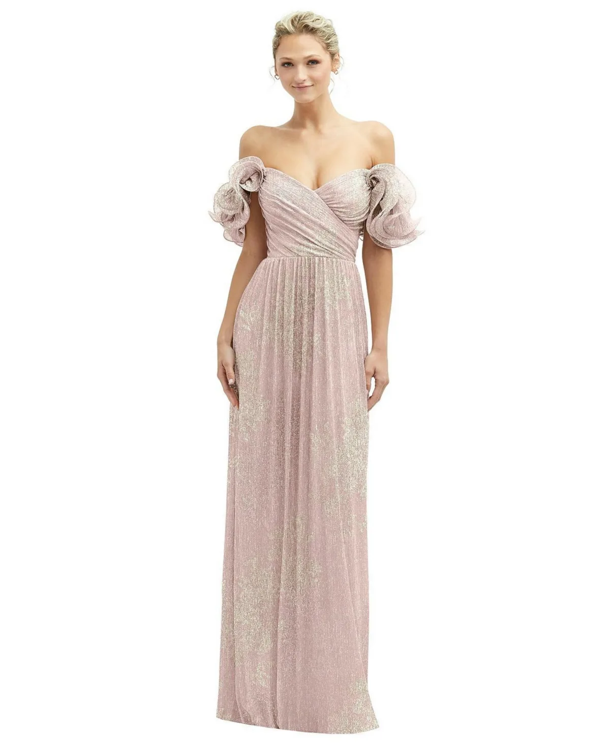 Dramatic Ruffle Edge Convertible Strap Metallic Pleated Maxi Dress with Floral Gold Foil Print by After Six
