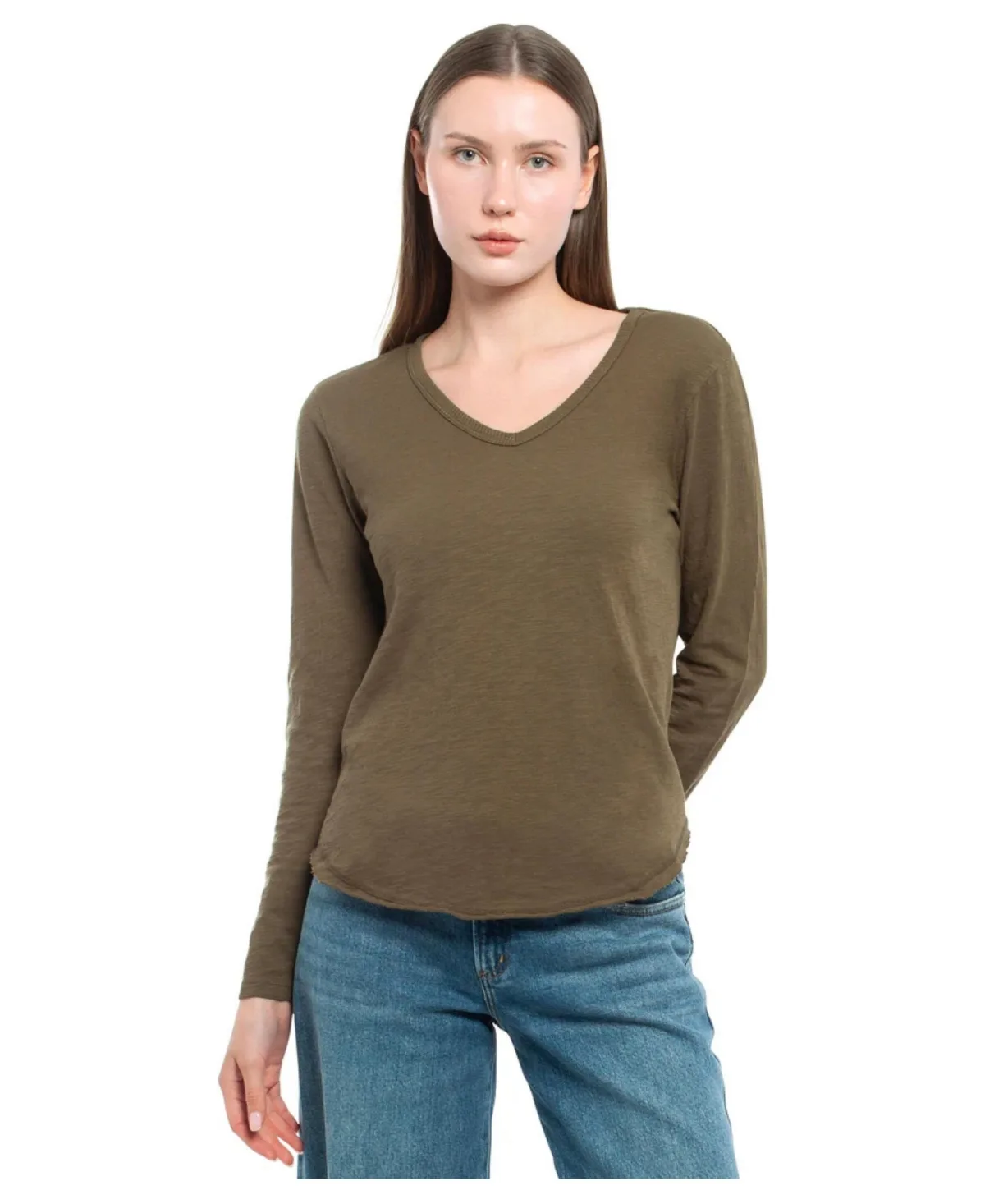 Long Sleeve V-Neck Raw Hem Shirttail Tee by Wilt