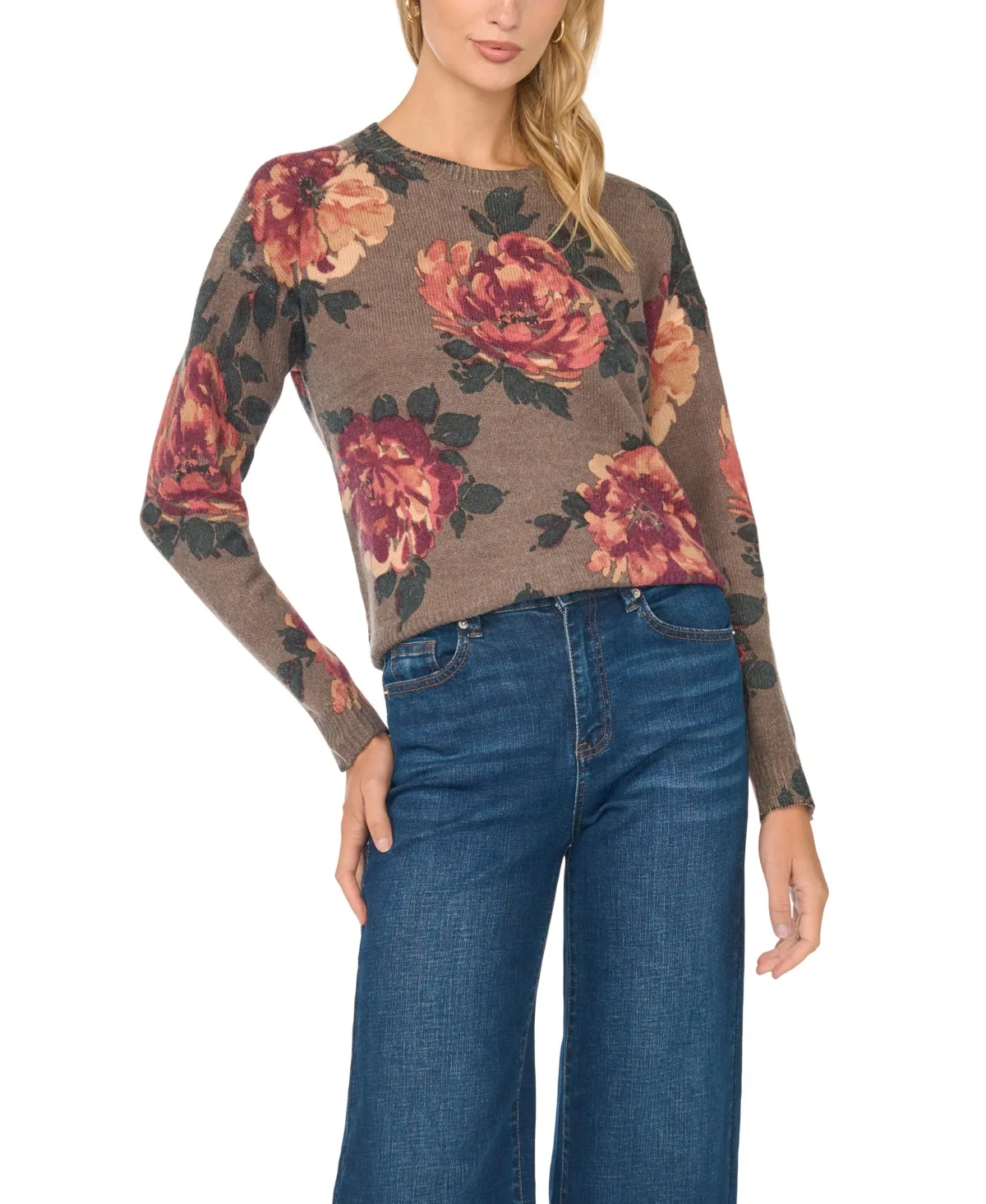 Floral Lightweight Fitted Crewneck Sweater by Vince Camuto