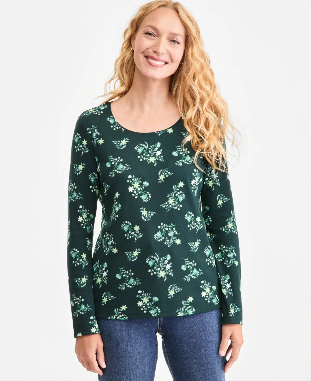 Floral-Print Long-Sleeve Scoop Neck T-Shirt by Style & Co
