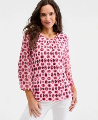Printed Chiffon Sleeve Gathered Neck Top by JM Collection