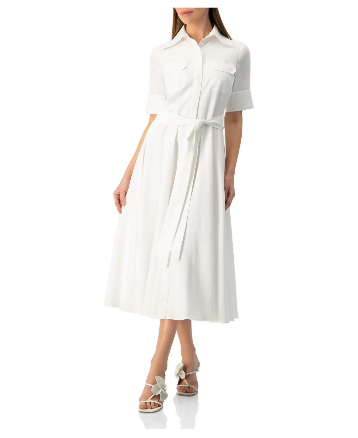 Short-Sleeve Midi Patch-Pocket Shirt Dress by Ivonne