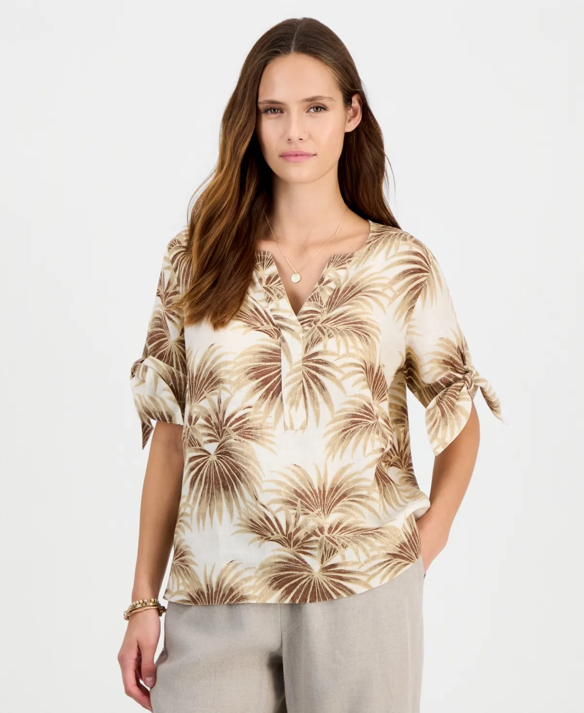 100% Linen Split-Neck Tie-Cuff Top by Charter Club