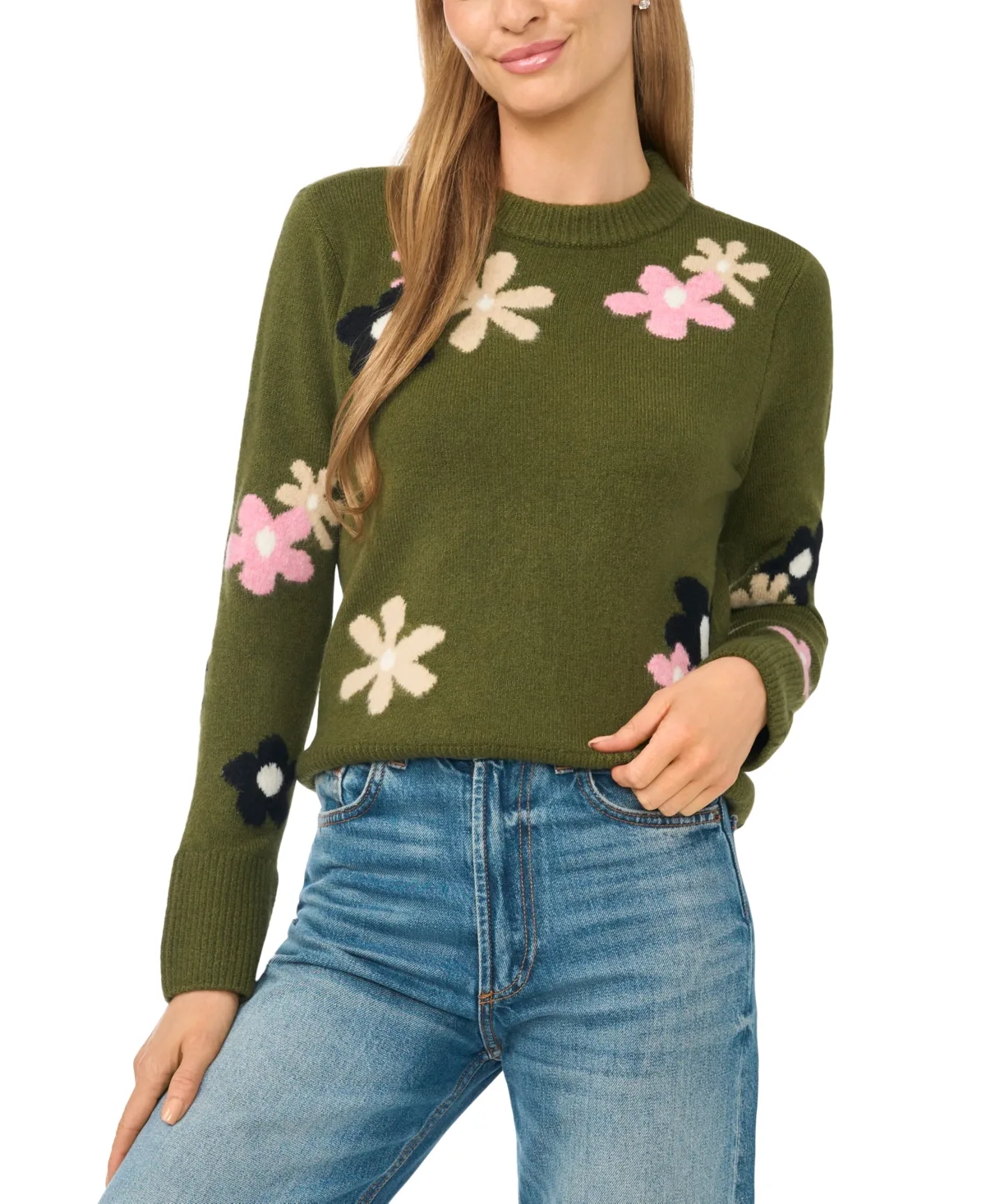 Crewneck Flower Patterned Knit Long-Sleeve Sweater by CeCe