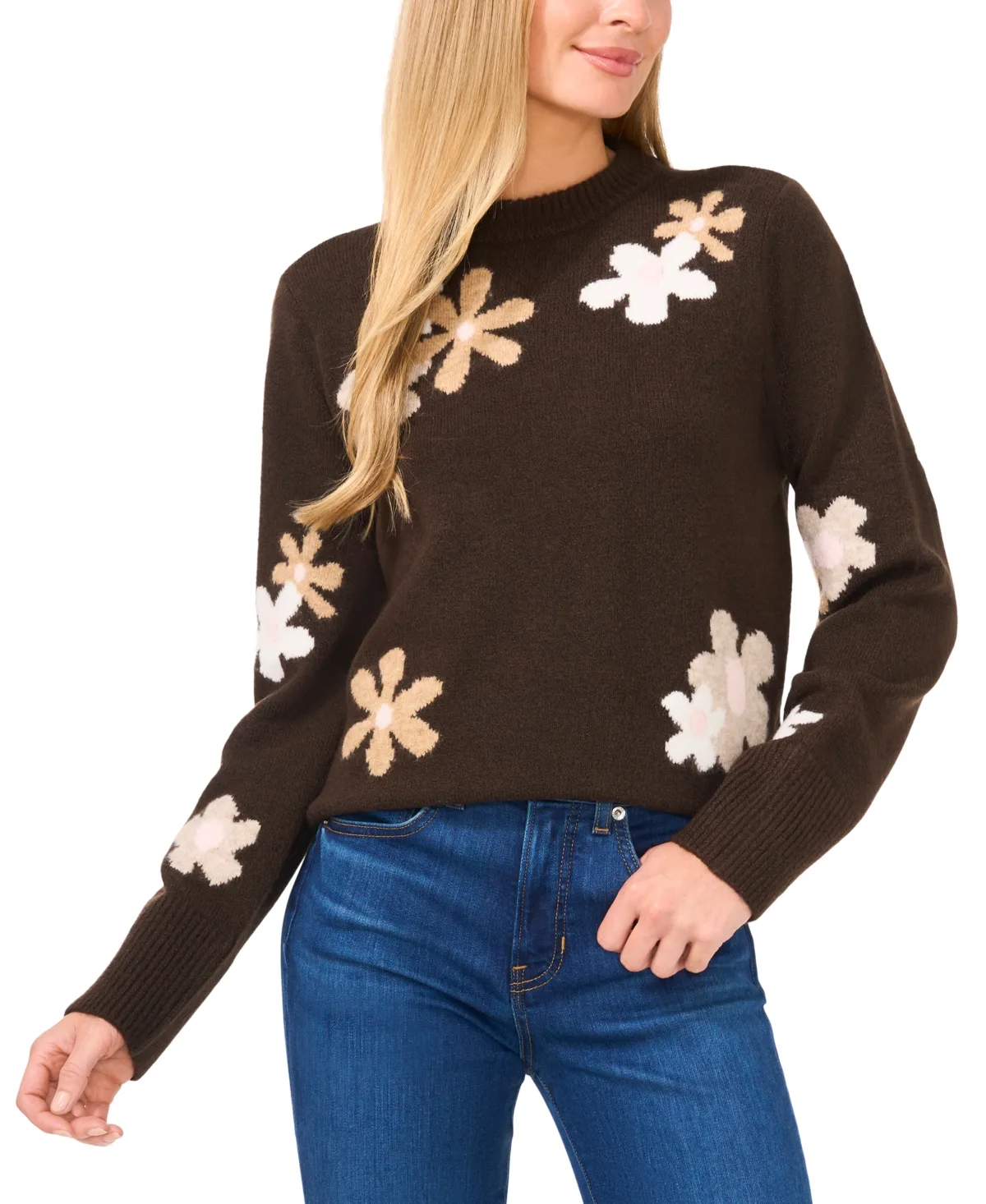 Crewneck Flower Patterned Knit Long-Sleeve Sweater