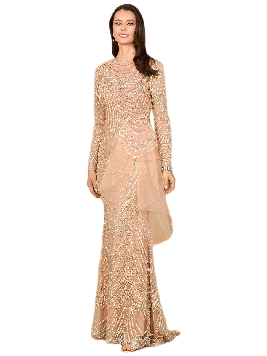 Beaded Long Sleeve Gown with Tulle Applique