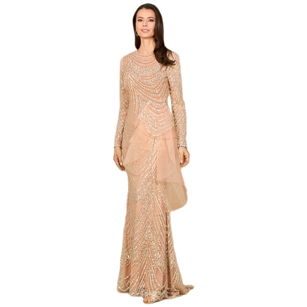 Beaded Long Sleeve Gown with Tulle Applique by Lara