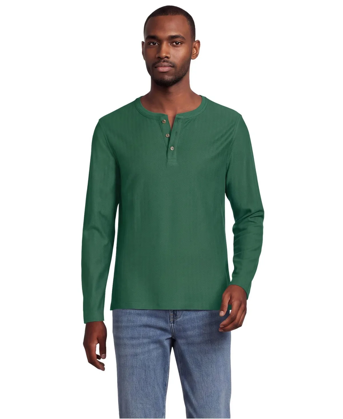 Textured Herringbone Long-Sleeve Henley by Lands' End